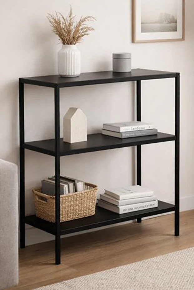 Vesta Modern Tasarım 3 Raflı Siyah Metal Kitaplık & Dekoratif Konsol